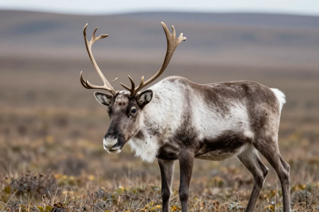 A reindeer with velvet antlers stands still on open low-growing tundra under overcast skies