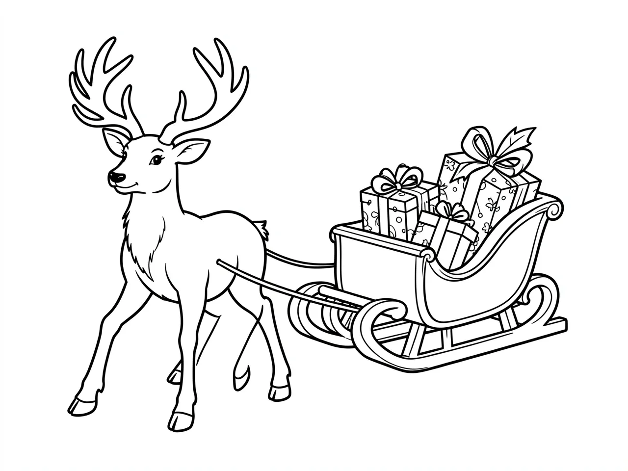 Black and white line art of a reindeer pulling a sleigh loaded with wrapped Christmas gifts, on a plain white background.