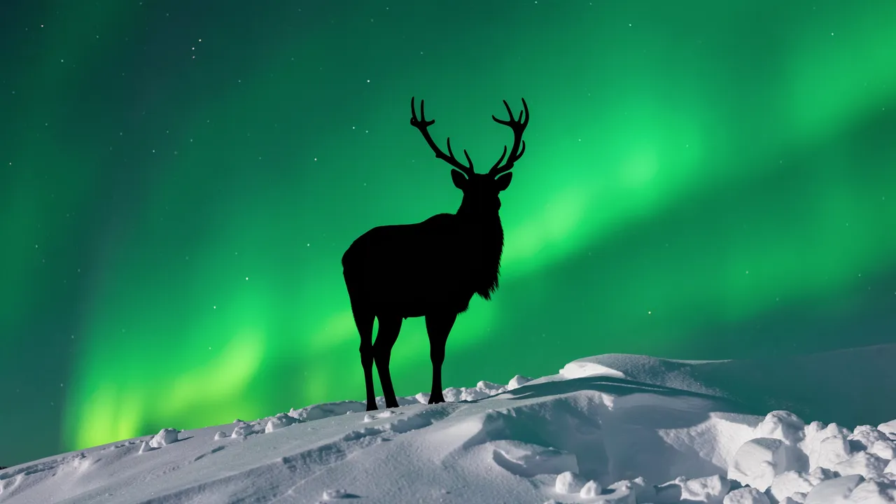 Black reindeer silhouette stands on snowy ridge beneath glowing green northern lights