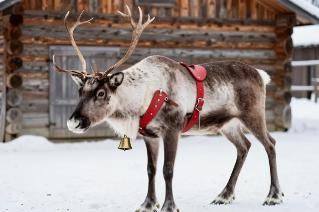 A reindeer wearing a red leather harness with a brass bell stands in snow before a log barn.