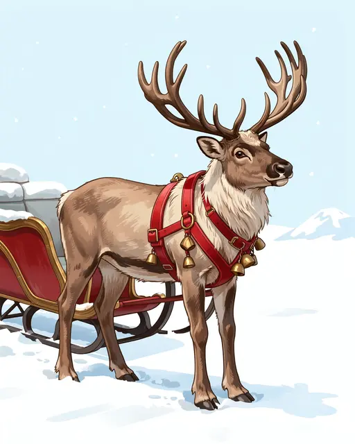 Illustrated reindeer wearing a red bell-adorned harness stands next to a festive sleigh on snowy ground
