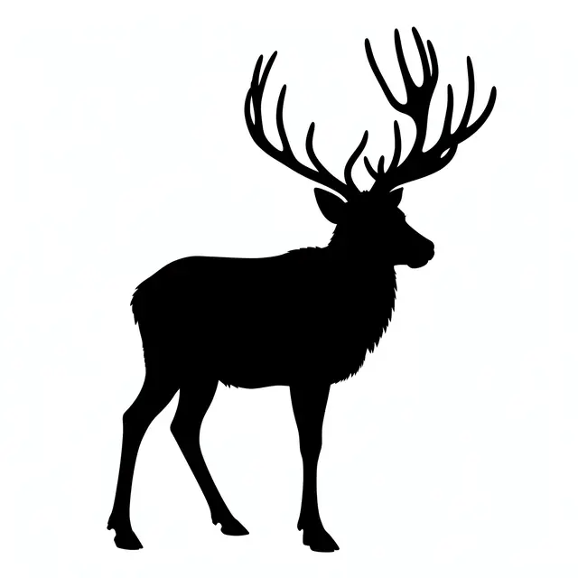 Solid black reindeer silhouette with large tall antlers on a plain white background