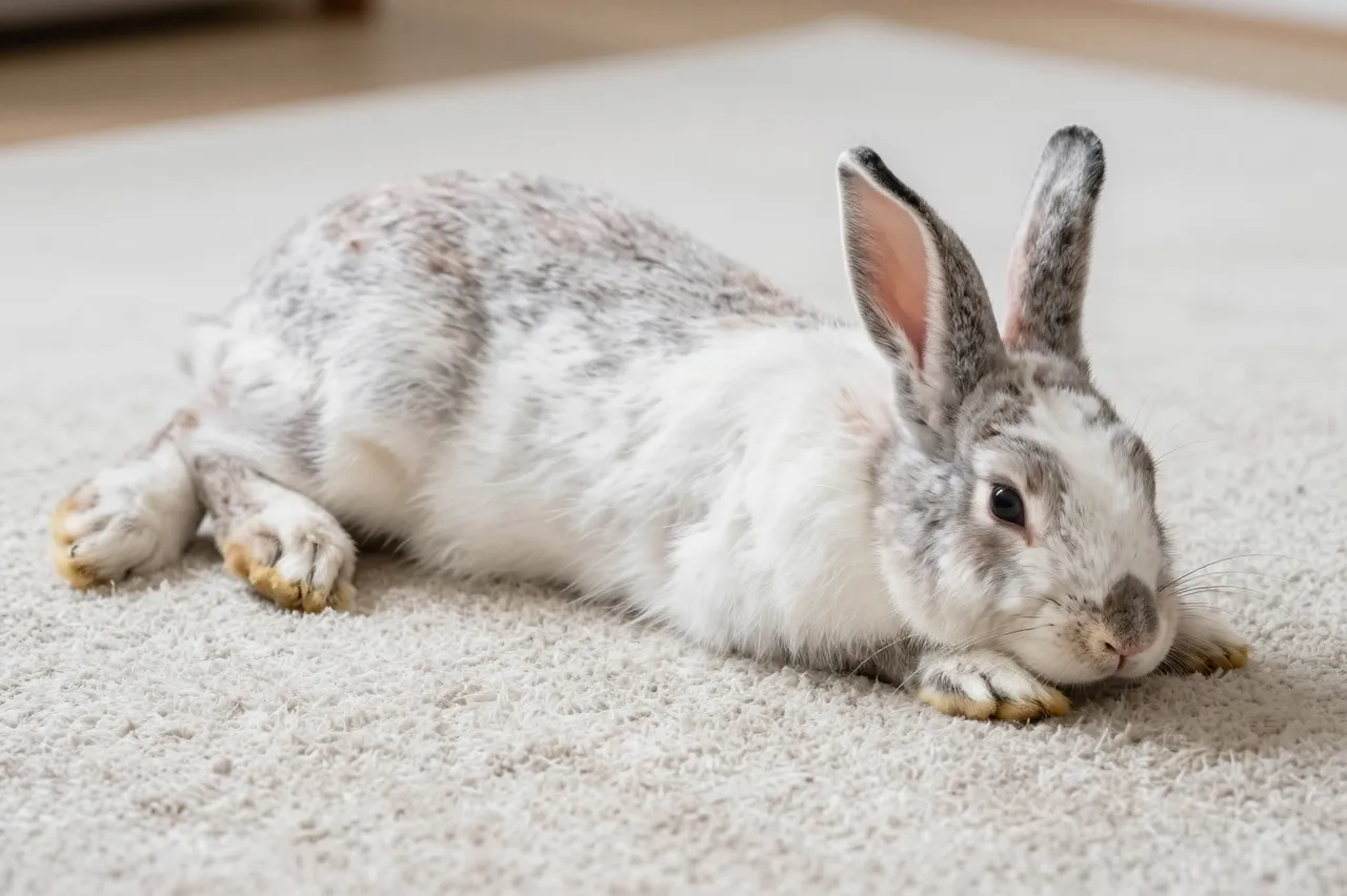 A fluffy gray and white domestic rabbit lies stretched out resting on a light beige carpet
