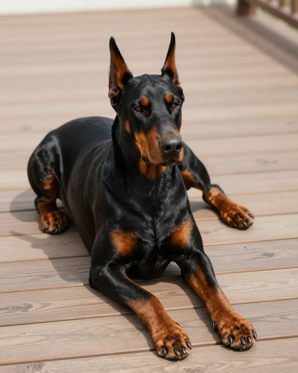 A sleek black and rust Doberman lies calmly on a sunlit wooden deck looking toward the camera