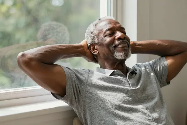 A senior Black man rests with his hands behind his head, eyes closed and smiling in warm window sunlight.