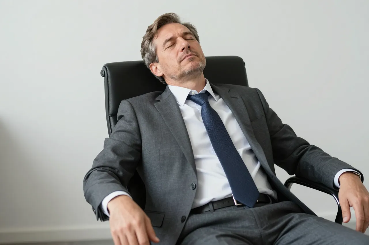 Middle aged businessman leans back in an office chair with closed eyes, looking relieved after work