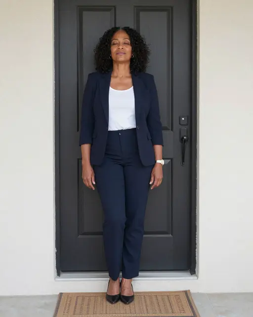 A middle aged mixed race woman leans back against a dark front door with closed eyes, standing on a doormat