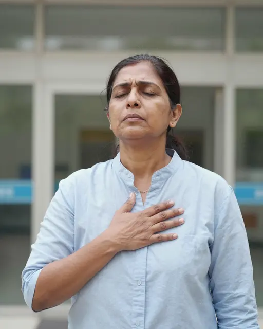 Middle aged South Asian woman stands with eyes closed, hand on her chest outside a hospital building