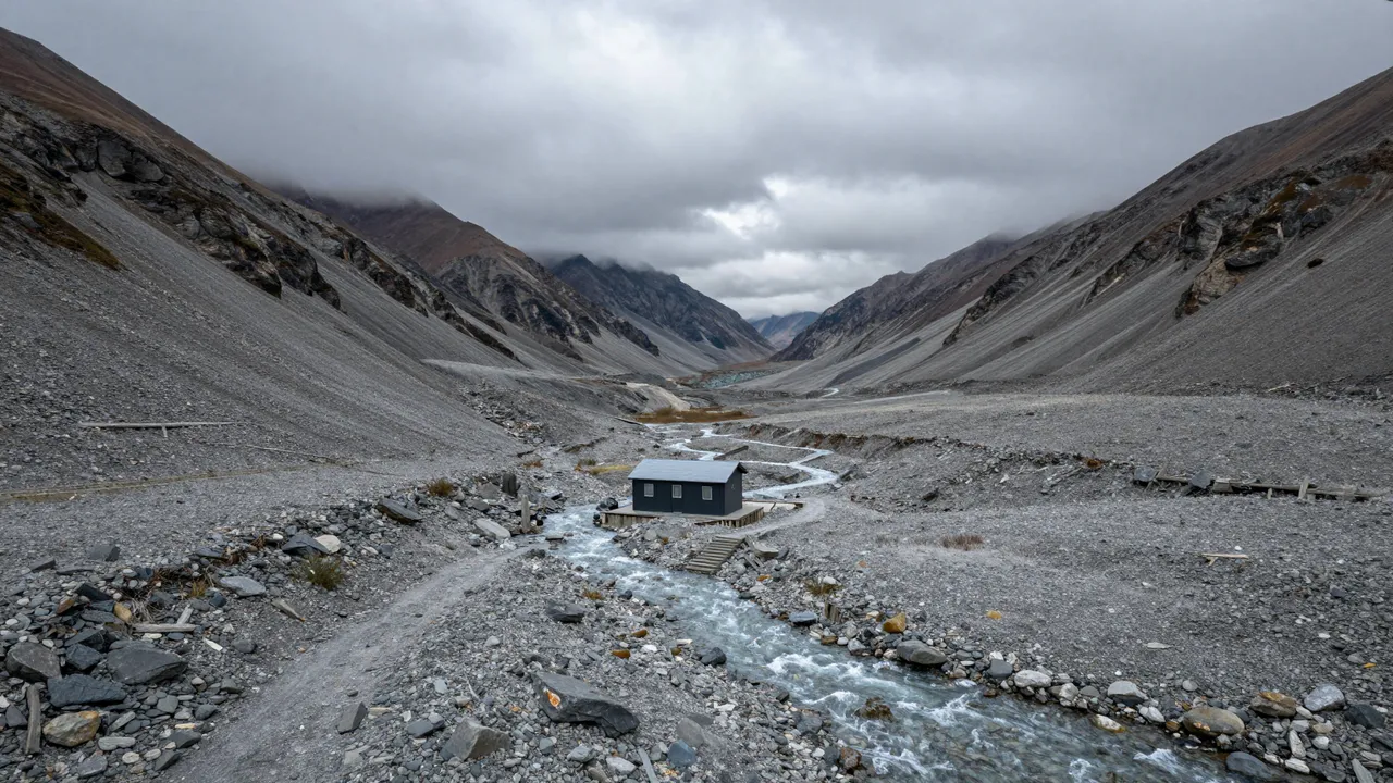 A small dark hut sits beside a braided stream in a rocky mountain valley under overcast skies