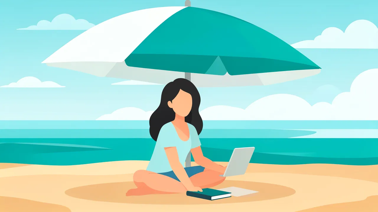 A faceless woman sits cross-legged on a beach under an umbrella using a laptop with a closed notebook beside her