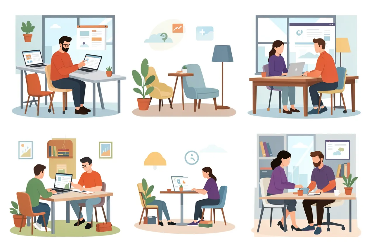 Flat illustration set of multiple people working from different home and remote workspaces with laptops