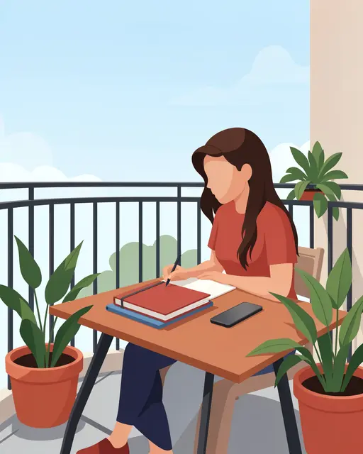 Faceless remote worker writes in a notebook at a small balcony table surrounded by potted plants.