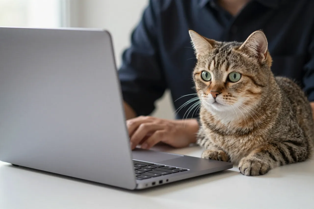 A tabby cat rests beside an unbranded laptop as an out-of-focus remote worker types.