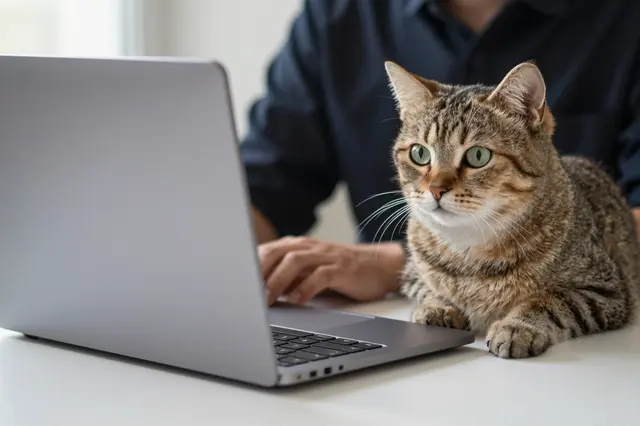 A tabby cat rests beside an unbranded laptop as an out-of-focus remote worker types.
