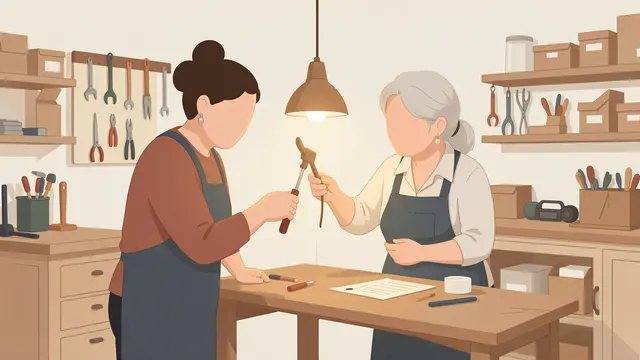 Two faceless women work together on a repair project at a wood workshop table