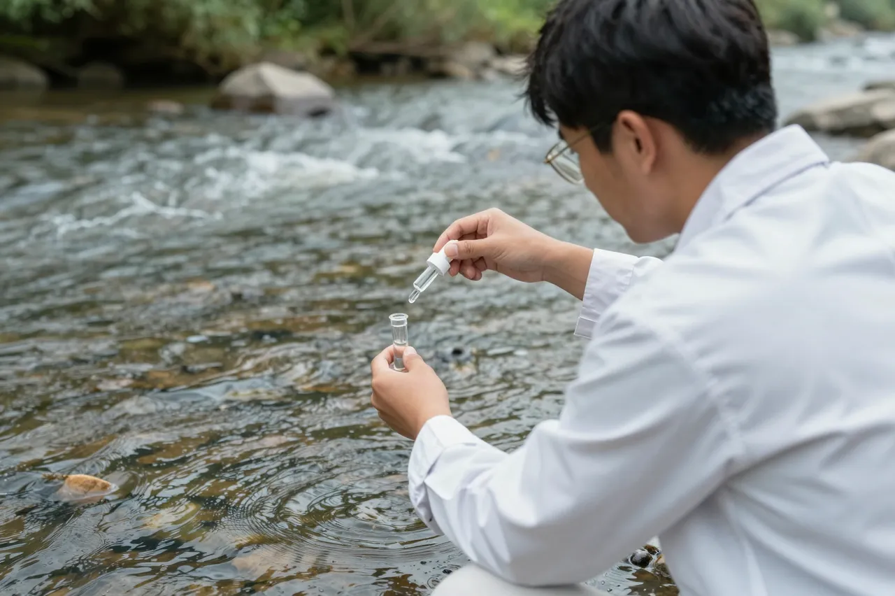 A field researcher in a lab coat crouches in a shallow river preparing water samples with glass vials