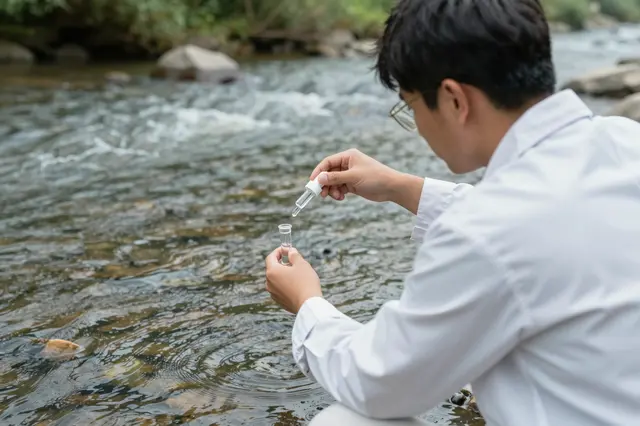 A field researcher in a lab coat crouches in a shallow river preparing water samples with glass vials