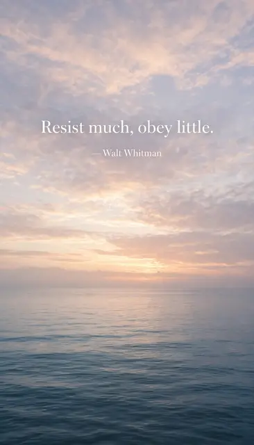 Calm sunrise ocean horizon with soft clouds and the quote "Resist much, obey little." overlaid in white serif type