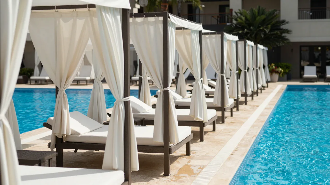 Row of white curtained pool cabanas line the edge of a bright blue resort swimming pool on a sunny day