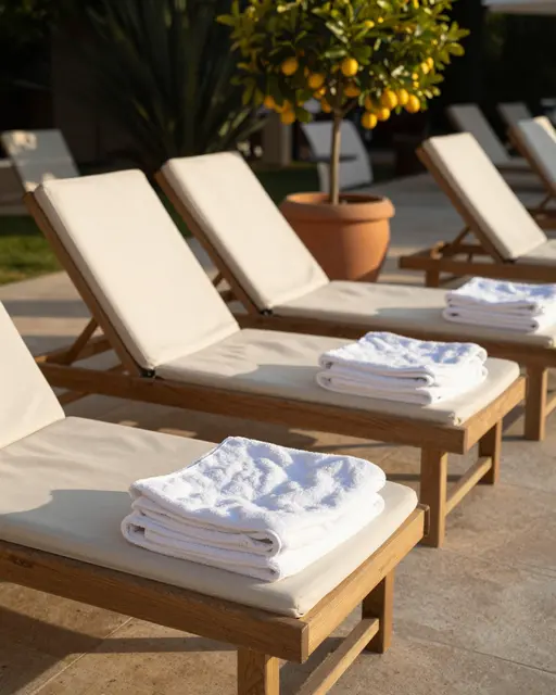 Teak resort lounge chairs with folded white towels sit beside a potted lemon tree in warm golden hour light