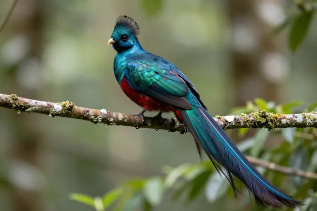 A vibrant resplendent quetzal with long tail feathers perched on a mossy cloud forest branch.