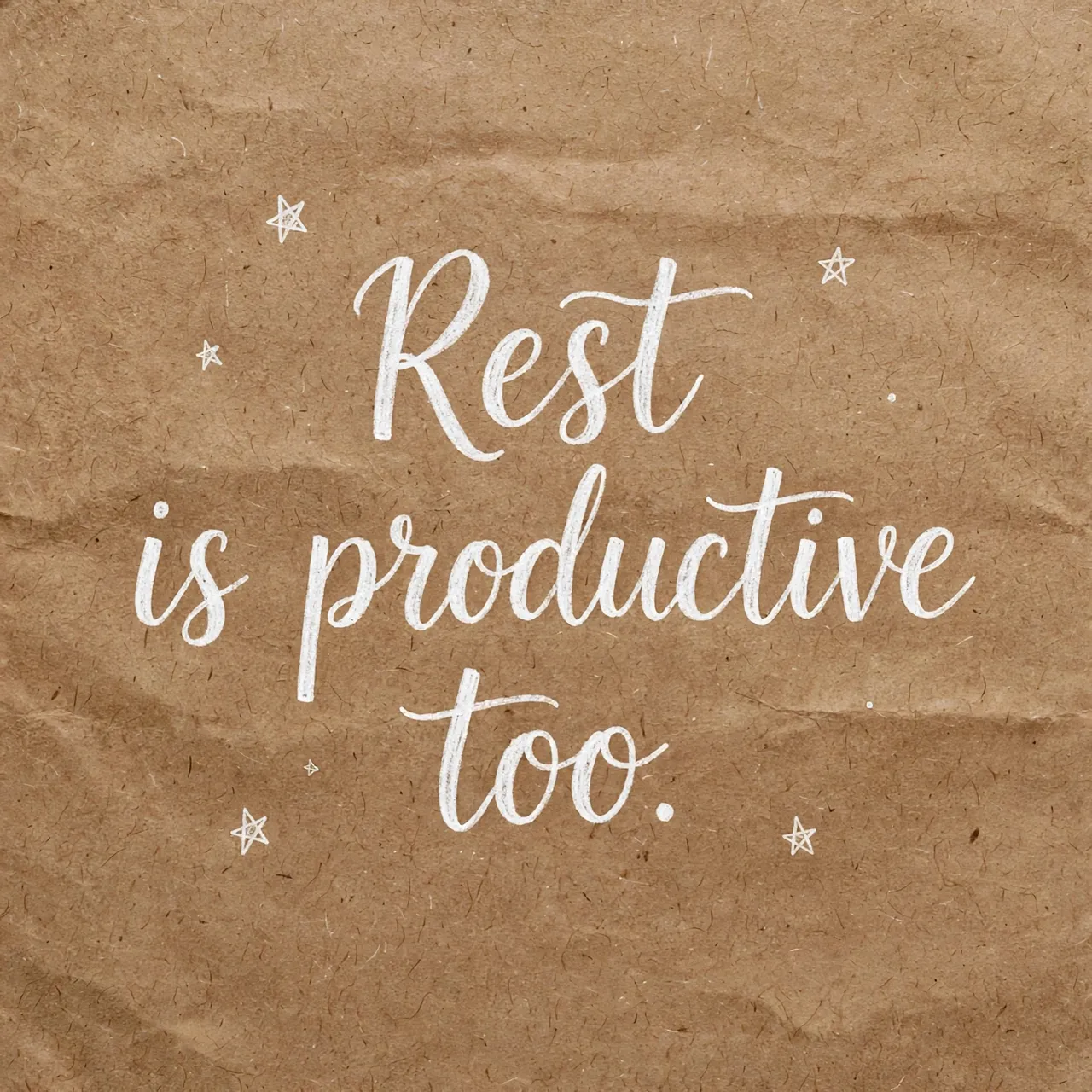 White hand lettering reading "Rest is productive too." with small doodled stars on crumpled brown kraft paper