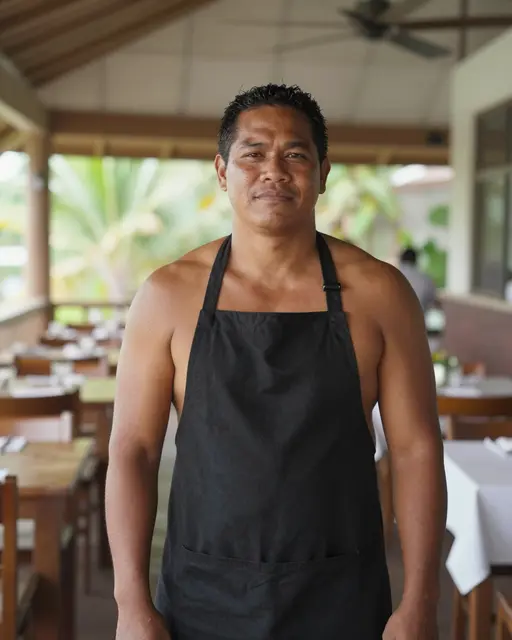 Pacific Islander server in a black apron stands in an empty open-air restaurant before opening
