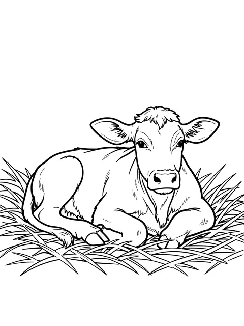 Black and white bold line art of a young calf resting on straw for a coloring page