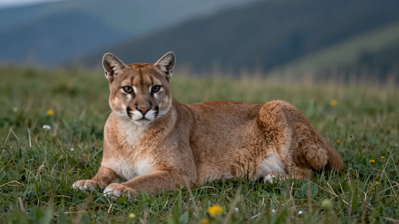 A tawny cougar with a white muzzle rests in a grassy alpine meadow at dusk, facing the camera.