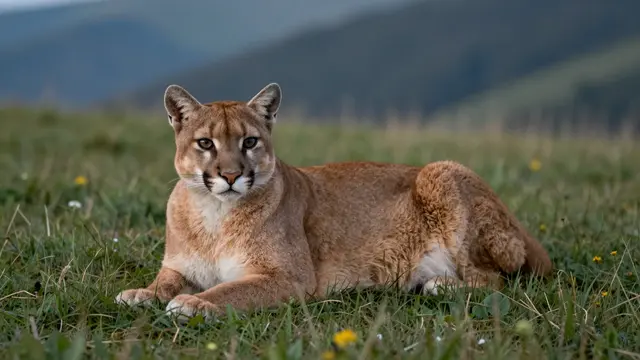 A tawny cougar with a white muzzle rests in a grassy alpine meadow at dusk, facing the camera.
