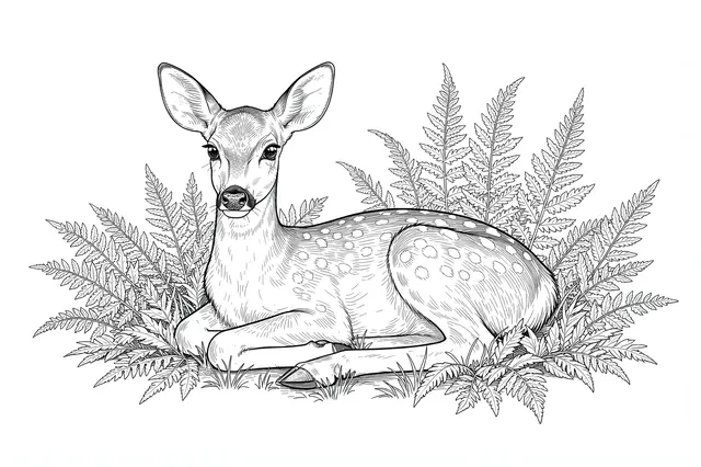 Fine line art of a spotted fawn lying calmly surrounded by fern fronds on a plain white background