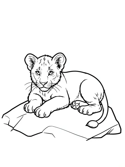 Bold black and white line art of a lion cub lying relaxed on a flat rock