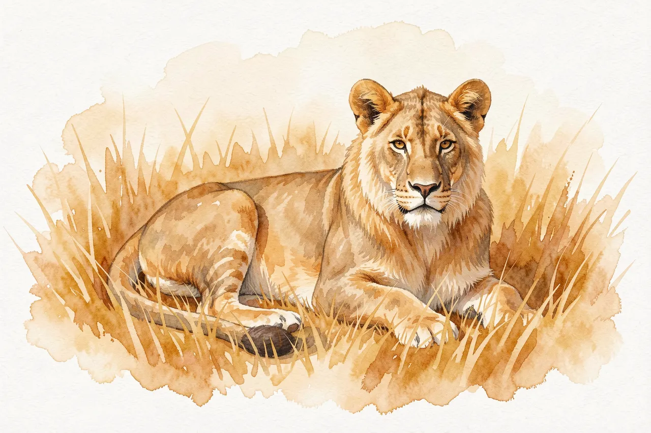 Watercolor painting of a lioness resting calmly in warm golden savanna grass looking toward the viewer