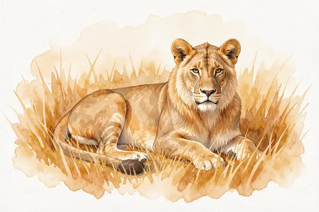 Watercolor painting of a lioness resting calmly in warm golden savanna grass looking toward the viewer