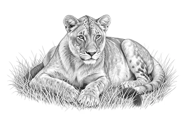 Detailed graphite pencil drawing of a lioness lying relaxed in tall grass on white paper
