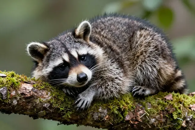 A young raccoon rests curled on a moss-covered tree branch against a soft blurred green forest background.