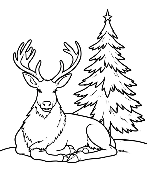 Simple black and white line art of a resting reindeer beside a star-topped pine tree on a snowy bank