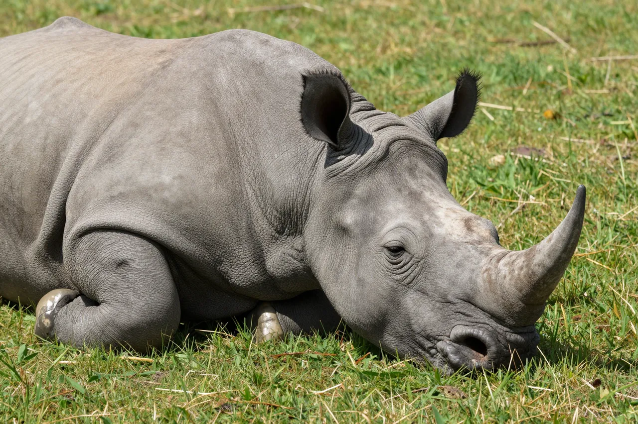 A gray rhinoceros lies resting on short green grass under bright midday sun