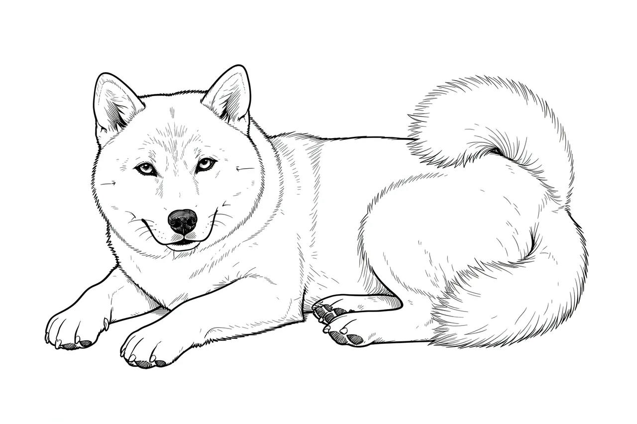 Fine line art drawing of a resting shiba inu with a curled fluffy tail on a plain white background