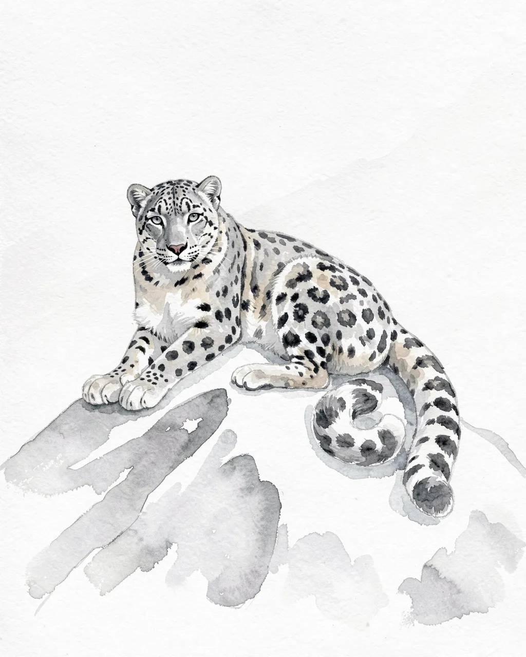 Watercolor illustration of a snow leopard resting calmly on a snowy rocky ridge