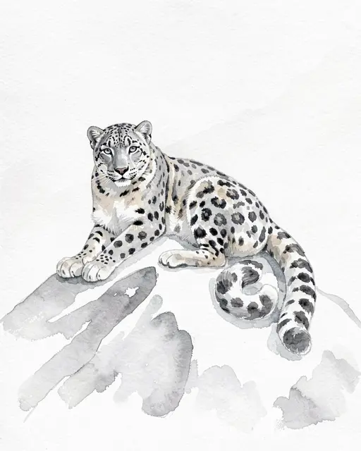 Watercolor illustration of a snow leopard resting calmly on a snowy rocky ridge