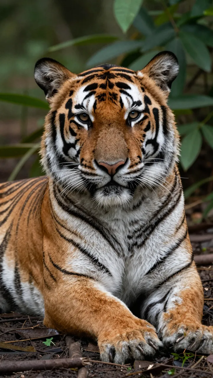 A tiger lies calmly facing the camera on a jungle floor surrounded by green foliage
