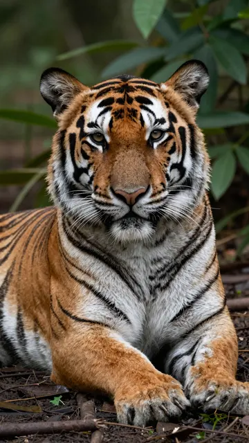 A tiger lies calmly facing the camera on a jungle floor surrounded by green foliage