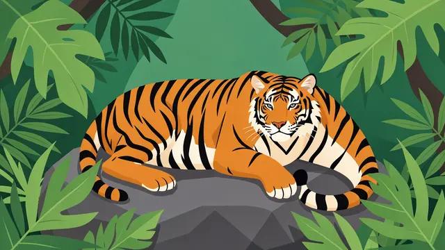A striped tiger rests on a gray rock surrounded by lush green jungle leaves