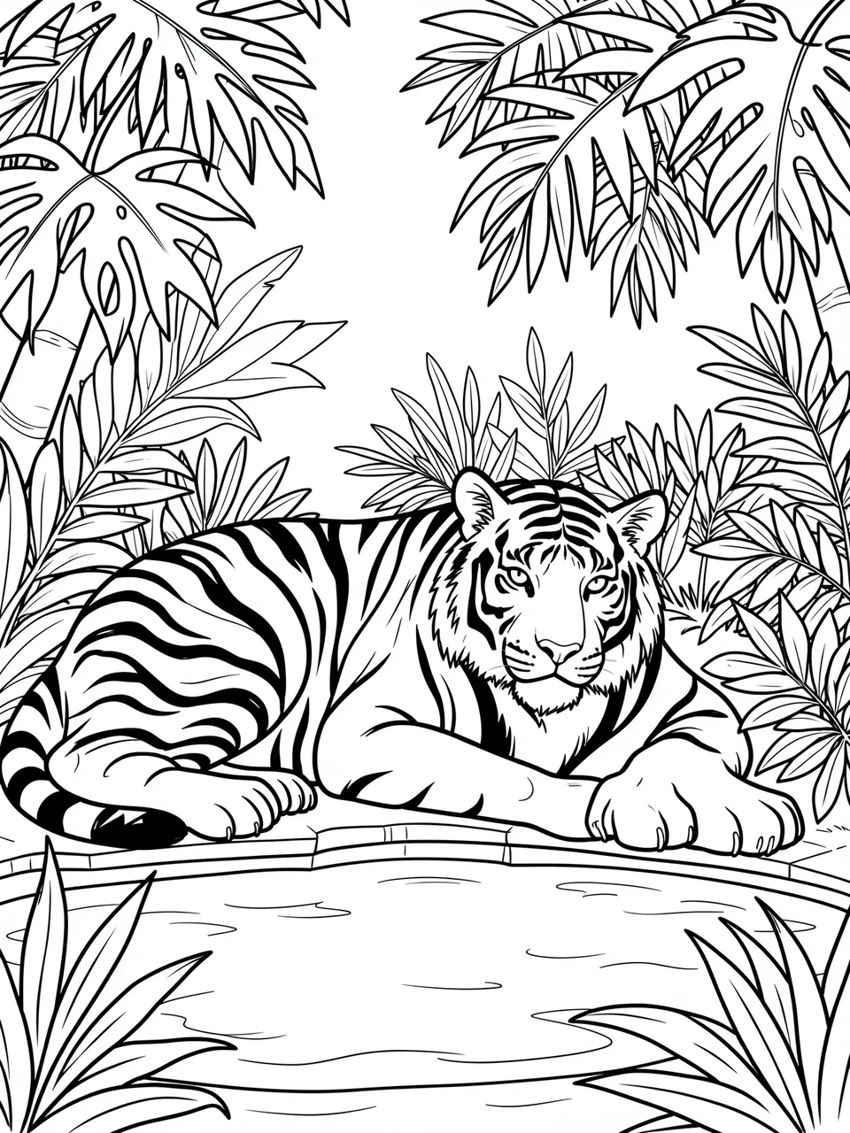 Black and white line art of a resting tiger beside a jungle pool surrounded by tropical foliage