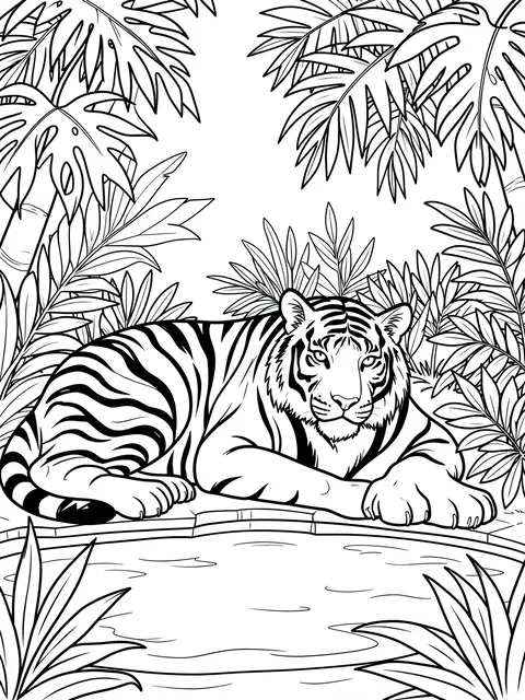 Black and white line art of a resting tiger beside a jungle pool surrounded by tropical foliage
