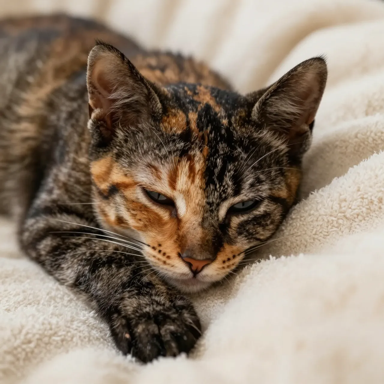 Mottled black and orange tortoiseshell cat rests drowsily on a soft cream fleece blanket