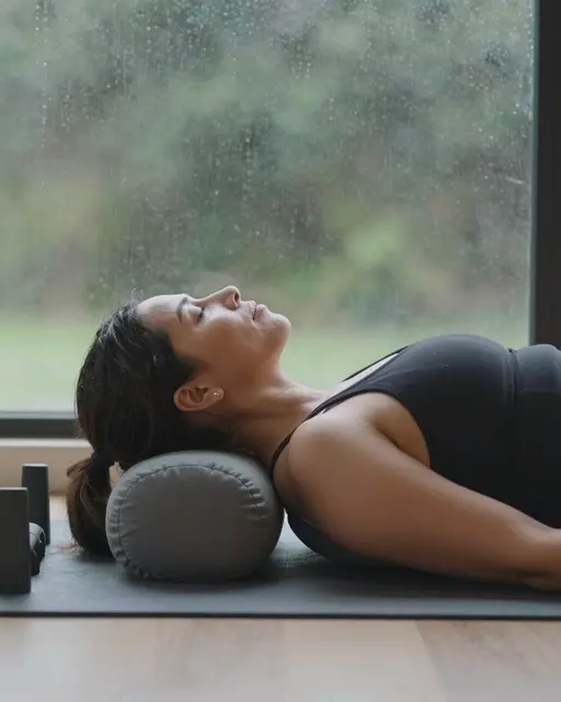 A woman rests on a yoga bolster in a restorative pose beside a rain-streaked window
