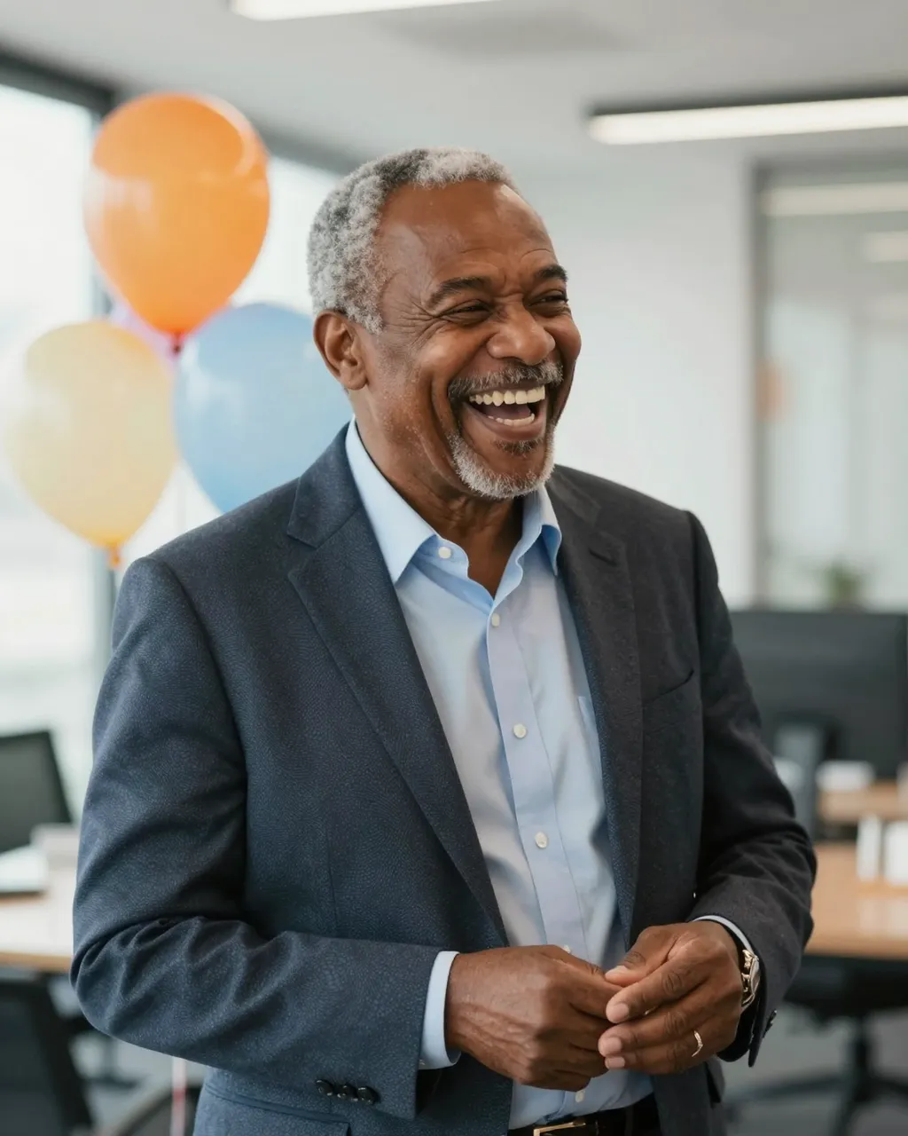 Laughing senior mixed-race man stands in a bright office with balloons behind him during a celebration