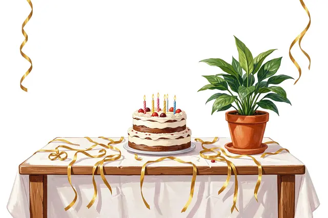 Gouache illustration of a party table with a layered cake, potted plant, and gold streamers against empty white space